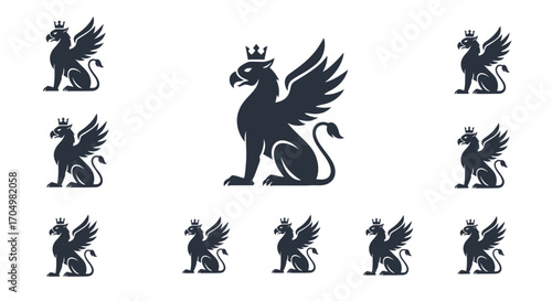 Crowned Griffin Silhouettes: Mythical Creature Illustrations.