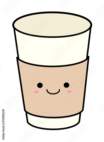 Cute kawaii coffee cup with smiling face and rosy cheeks