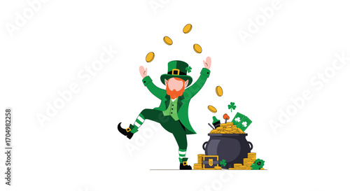 A leprechaun juggles coins near a pot of gold.