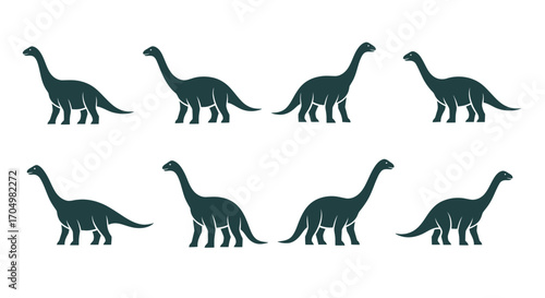 Collection of eight dark green dinosaur silhouettes walking in a row.
