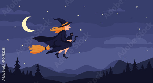 A witch and her black cat fly across the night sky.