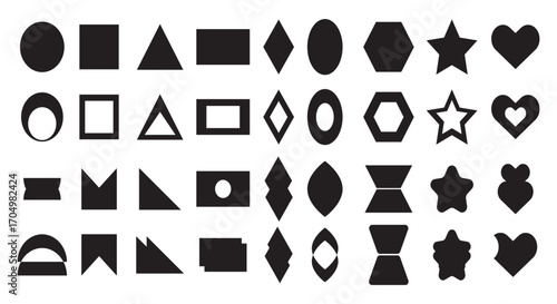 Abstract and basic shapes collection. Vector basic shape. Geometric formal shape. Polygonal elements. Modern trendy minimalist basic figures, lines, circles, hexagon, star, triangle flat style. Vector