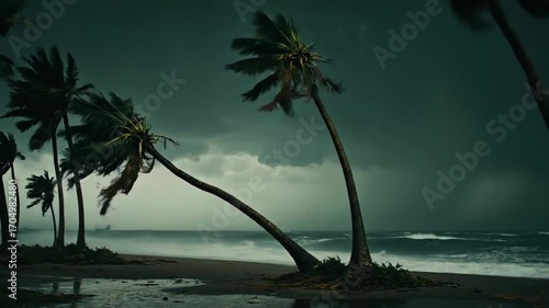 Dramatic storm brews with crashing waves and wind-swept palm trees on a dark beach