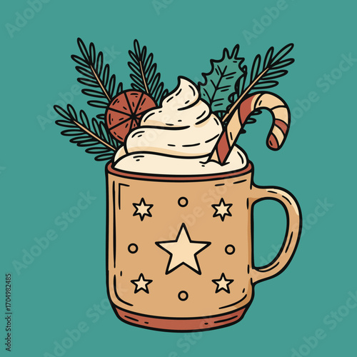 Hot chocolate cup with whipped cream candy cane and pine branches in winter holiday theme vector illustration 