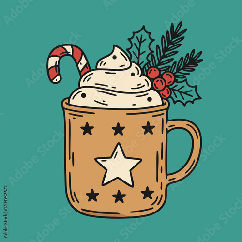 Festive hot chocolate cup with whipped cream candy cane and holly berry decoration in winter holiday style vector illustration 