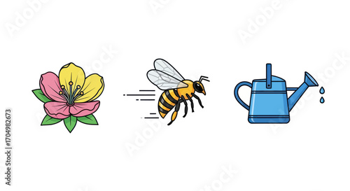 Spring garden icons featuring a blooming flower a busy bee and a watering can.