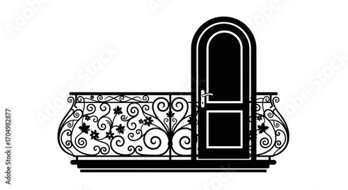 Elegant Wrought Iron Balcony with Arched Door Silhouette.