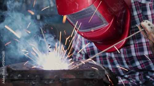 Front View Construction Industrial Factory or Metalwork Concept by Mechanic or Technician Welder Welding Structure Parts