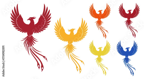 Collection of colorful mythical phoenix bird vector illustrations.