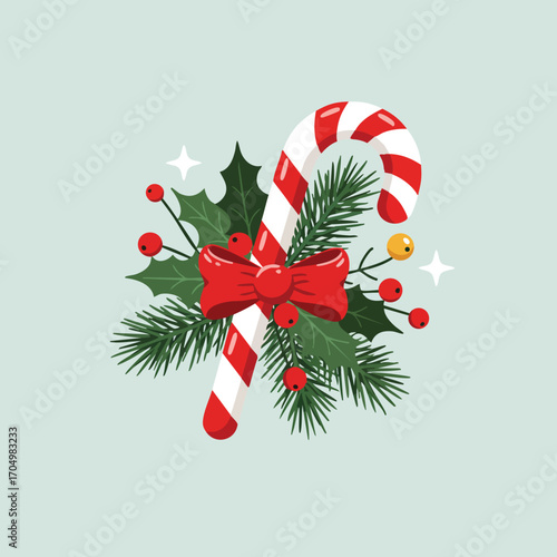 Christmas candy cane with red bow and holly leaves festive holiday decoration vector illustration 