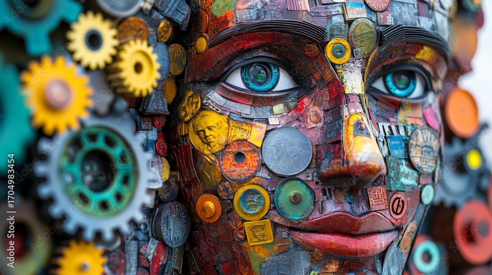 Fototapeta premium A vibrant portrait created from mixed materials showcases intricate details. Colorful gears and patterns reflect a unique blend of technology and art. Generative AI.