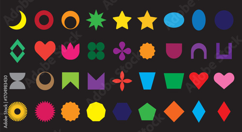 color vector, Brutalist abstract geometric shapes and grids. Brutal contemporary figure star oval spiral flower and other primitive elements. Swiss design  Bauhaus design on black background eps10,