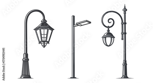 Set of three different street light posts in engraving style.