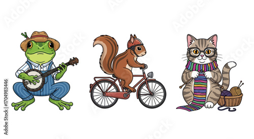 Three charming anthropomorphic animals enjoying hobbies a frog plays banjo a squirrel cycles a cat knits.