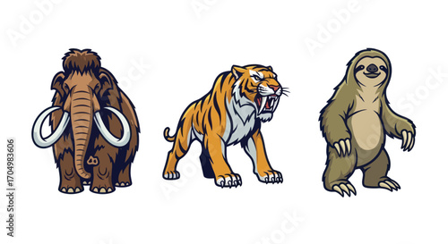 Three prehistoric animals a woolly mammoth saber tooth tiger and giant ground sloth.