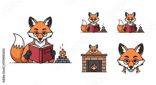Fox Reading by Fireplace Illustration.