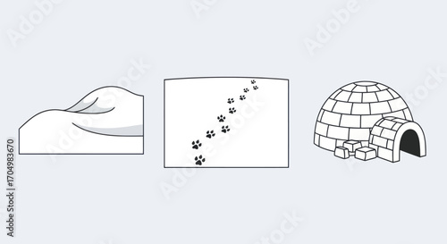 Minimalist illustration of an igloo animal tracks and a beanbag chair.