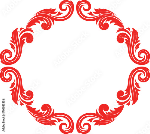 Elegant Red Floral Scrollwork Design Border Element Decorative	