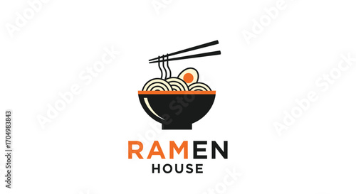 Minimalist logo for a Ramen House restaurant, featuring a black bowl of noodles with an egg and chopsticks.