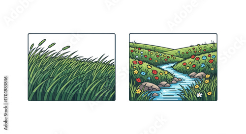 Beautiful landscape with flowing water and vibrant greenery.