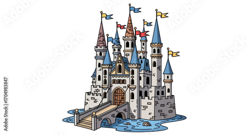 Beautiful fairytale castle illustration with many towers and flags.