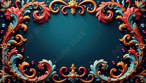 Symmetrical paisley scrolls, rich jewel tones, ornate detail, motif, vintage