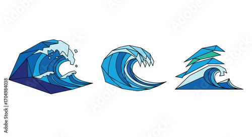 Set of three stylized geometric ocean wave illustrations.