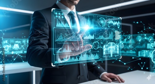 businessman touching virtual screen