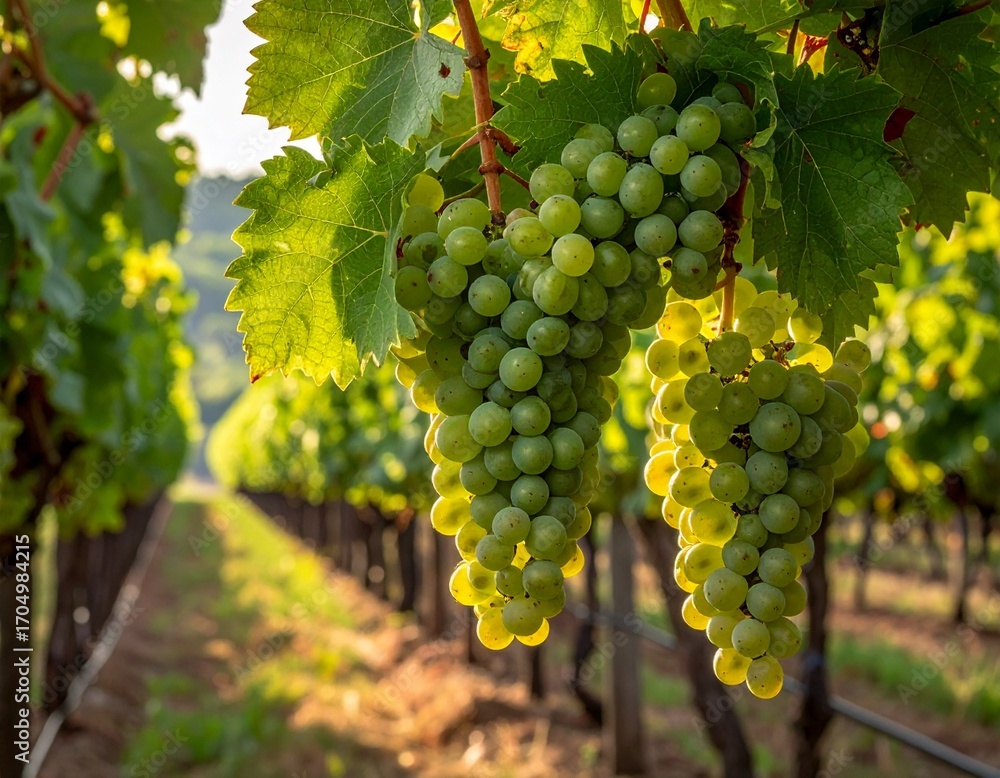 Fototapeta premium Vineyard Green Grapes: Capturing the essence of a sun-drenched vineyard, clusters of ripe, green grapes hang heavy on the vine, embodying the fruitful promise of harvest.