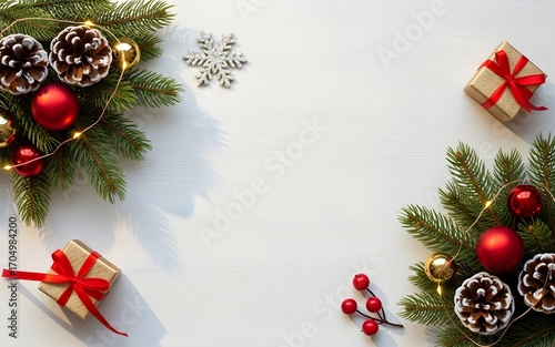 Christmas background with decorated tree and colorful ornaments