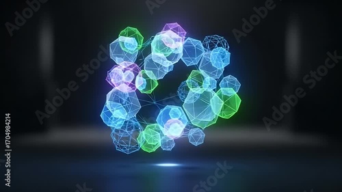 Ethereal Geometric Network: Pulsating Polyhedrons in Neon Glow, Abstract Digital Artistry