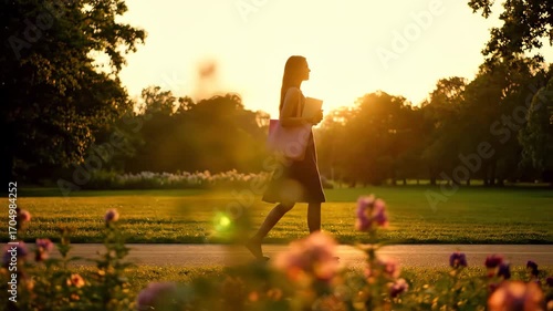 Silhouette of a woman walking through a serene park at sunset, carrying a pink tote bag and book, surrounded by blooming flowers and lush greenery, with the golden sun casting warm hues across the