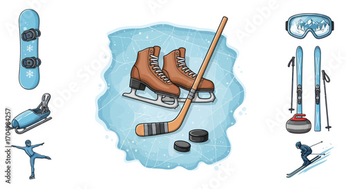 Watercolor Set of Winter Sports Icons and Equipment.
