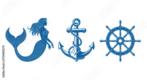 Nautical Trio: Mermaid Anchor and Ship Wheel in Blue.