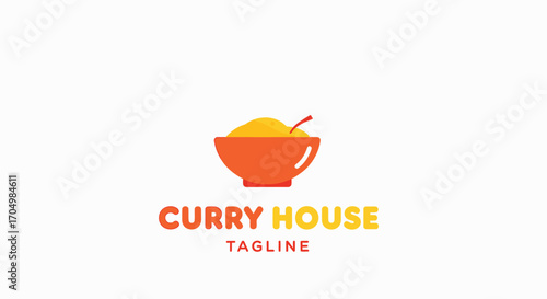 A modern logo for a 'Curry House' featuring a stylized orange bowl of yellow curry and a red spoon, with space for a tagline.