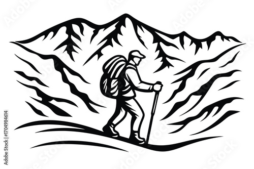Hiker silhouette is using a trekking pole with a backpack against a mountain backdrop