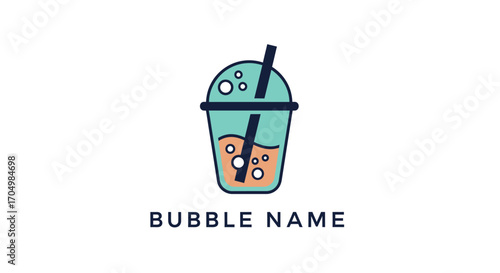 A minimalist logo design featuring a bubble tea cup with a straw, showing two layers of liquid and bubbles, with 'BUBBLE NAME' text below.