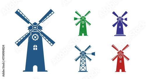 Colorful Windmill Illustration Set for Graphic Design.
