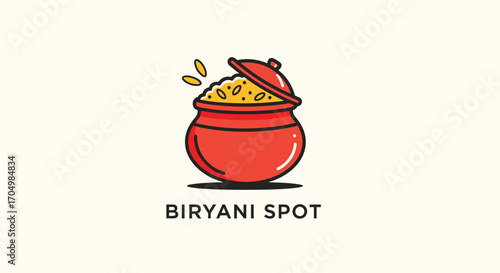 A red pot with a golden lid, filled with biryani, is the logo for a biryani restaurant.