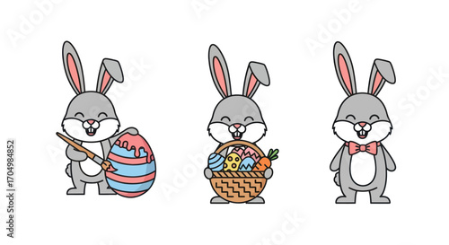Set of three cute cartoon Easter bunny characters.