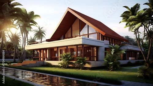 Modern tropical villa design with clean architectural lines and lush palm tree surroundings