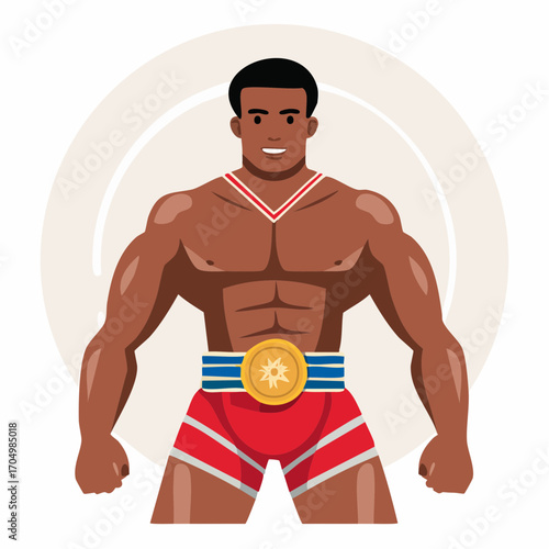 A powerful, muscular athlete stands proudly with a medal and belt.