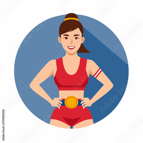 A smiling woman in red athletic wear stands with hands on hips, wearing a gold belt, in a blue circle.