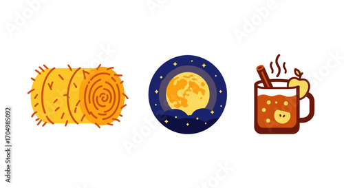 Autumn icon set with hay bale full moon and hot apple cider.