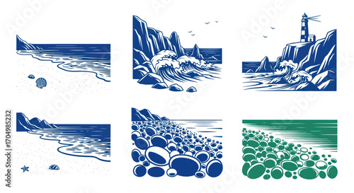 Coastal scenes of waves rocks and a lighthouse.