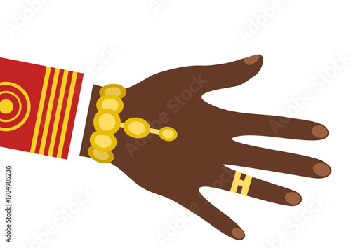 African american man's hand with gold bracelet and ring. Traditional ethnic clothing and cultural jewelry.