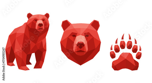 Geometric Red Bear Illustration Set Featuring Full Body Head and Paw Print.