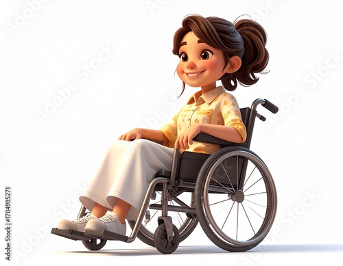 Illustrated portrait of a happy young disabled woman in a wheelchair, representing inclusivity, accessibility, and positive representation of disability