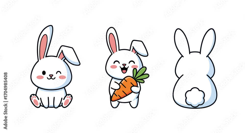 Obraz premium Cute cartoon bunnies in various poses one winking one with a carrot.
