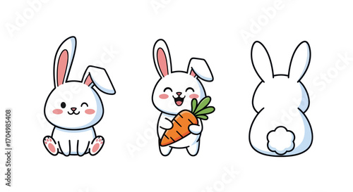 Cute cartoon bunnies in various poses one winking one with a carrot.
